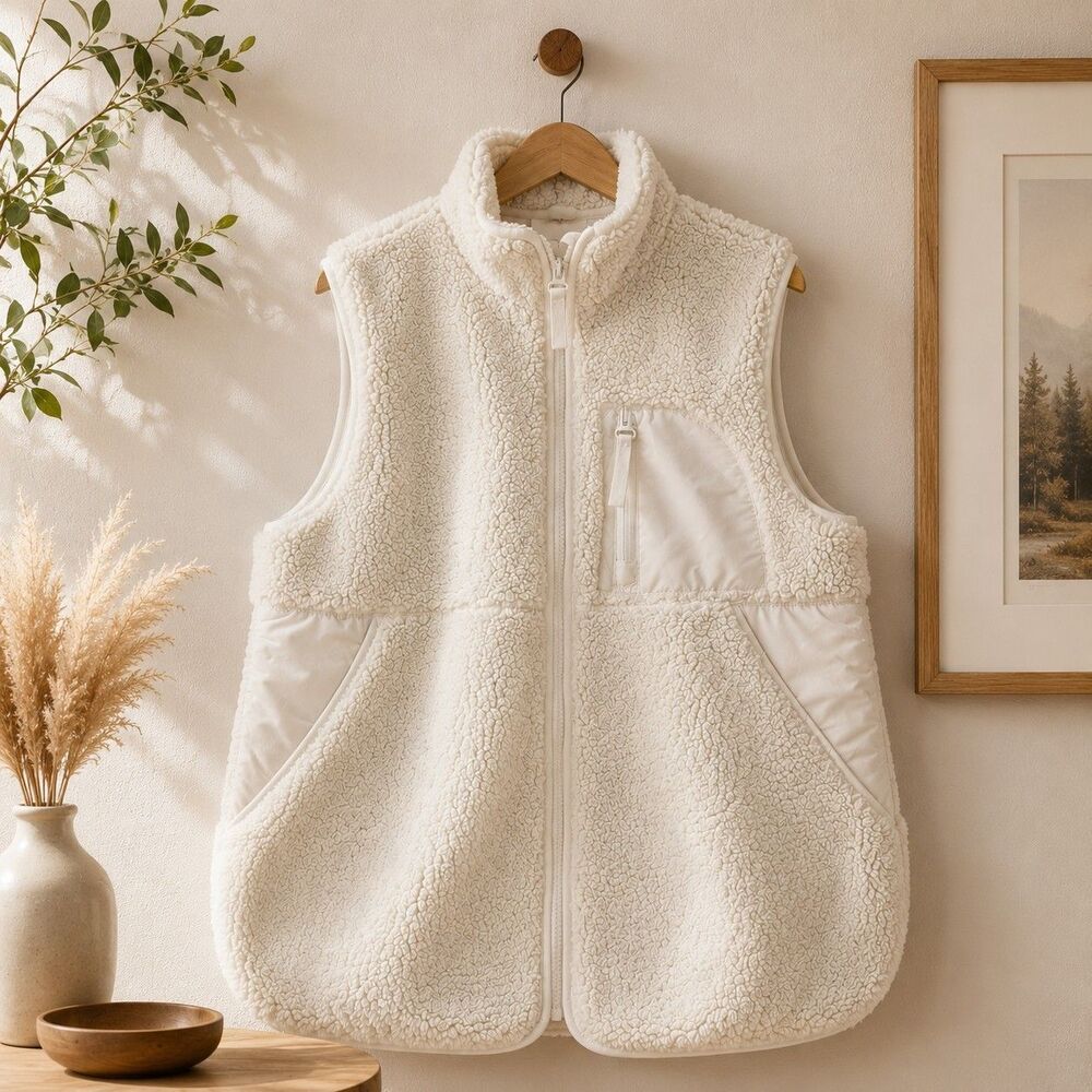 Maurices Women's Sherpa Fleece Vest Ivory Full Zip High Neck Pockets Size Small